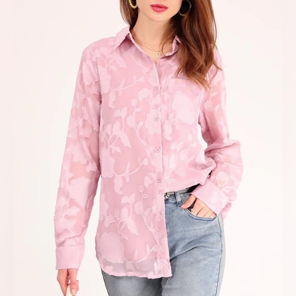 Pretty Garden Floral Button Up Long Sleeve Top Pink Size XXL Feminine Coquette